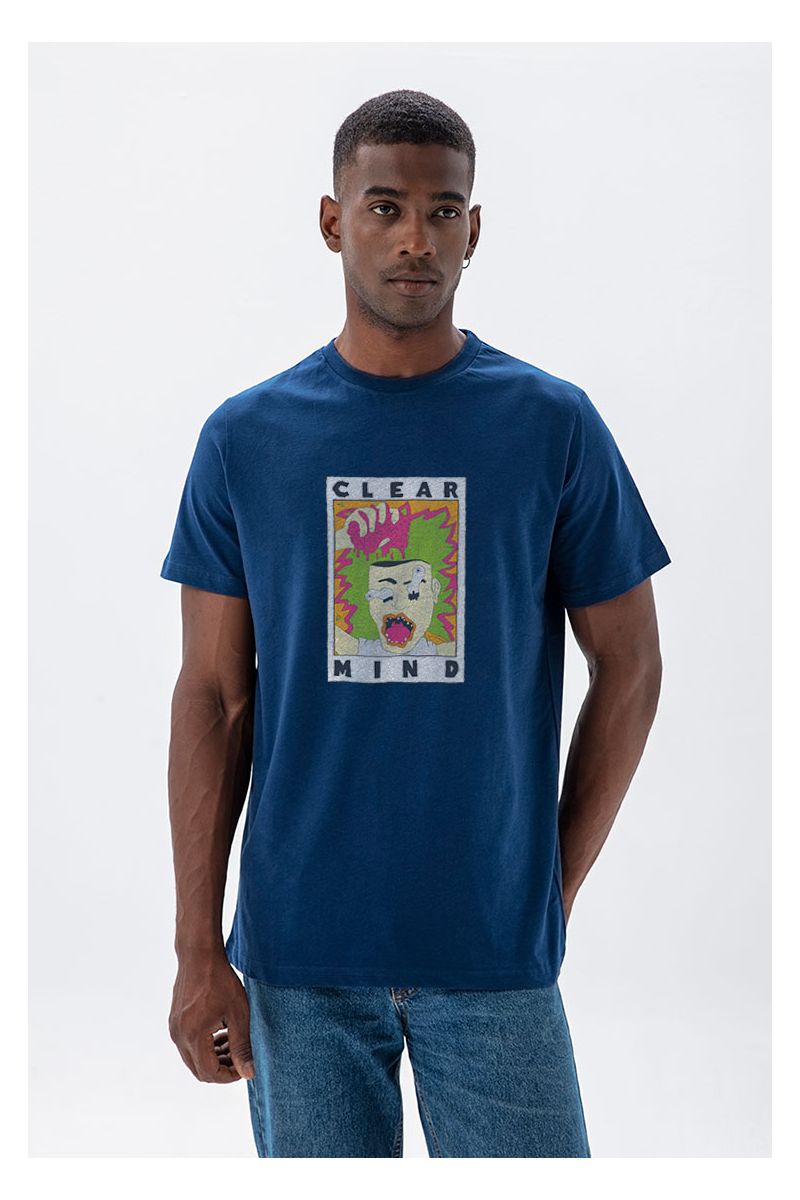 Navy Soft Fabric Clear Mind Design Short Sleeve Tee
