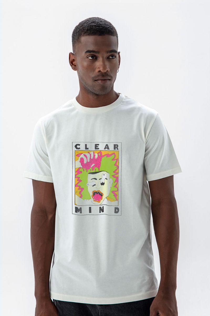Off White Soft Fabric Clear Mind Design Short Sleeve Tee
