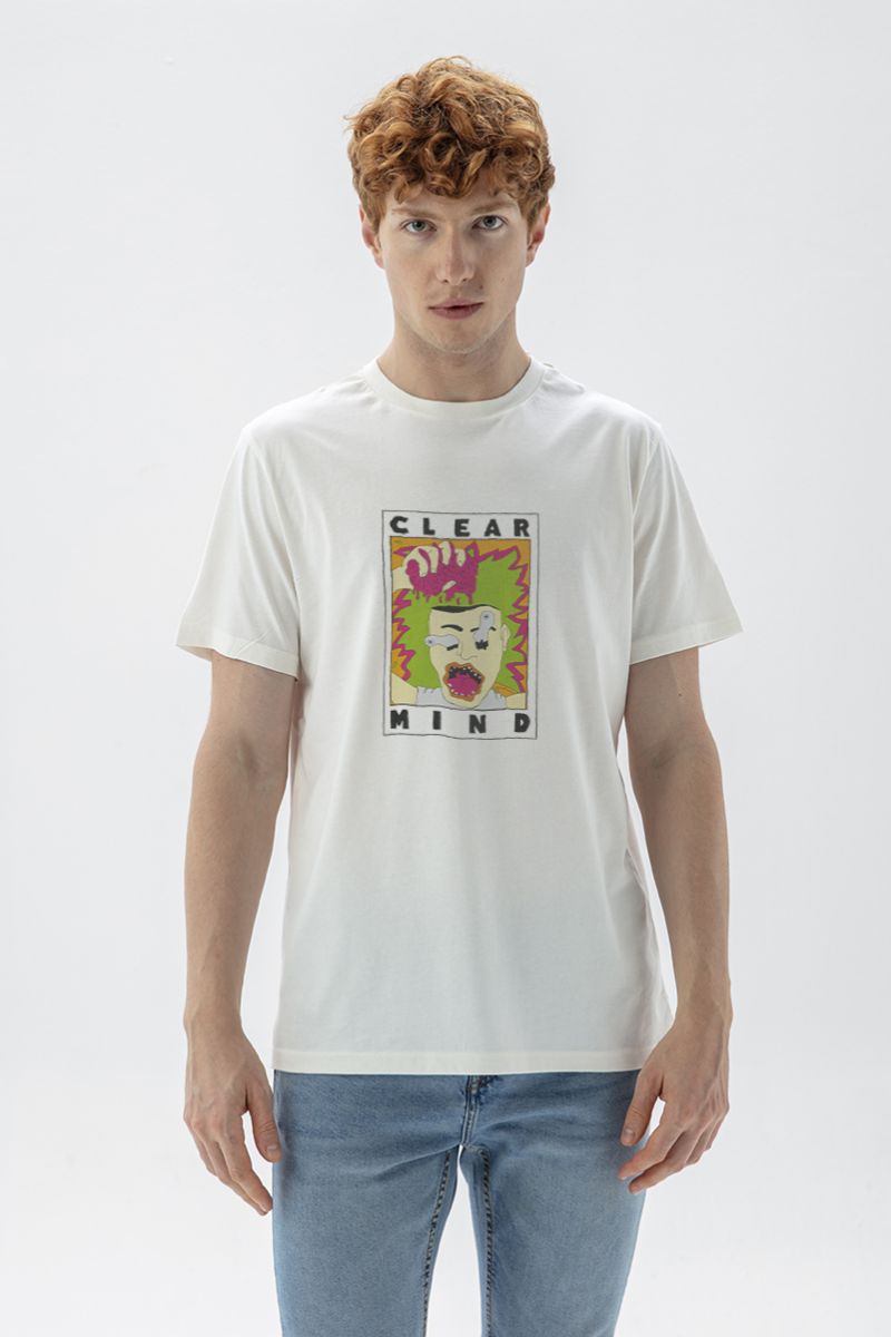Off White Soft Fabric Clear Mind Design Short Sleeve Tee