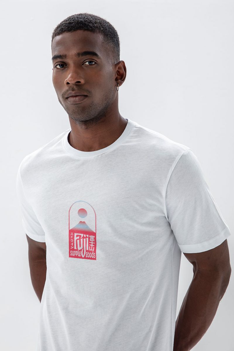White Soft Fabric Fuji Design Short Sleeve Tee