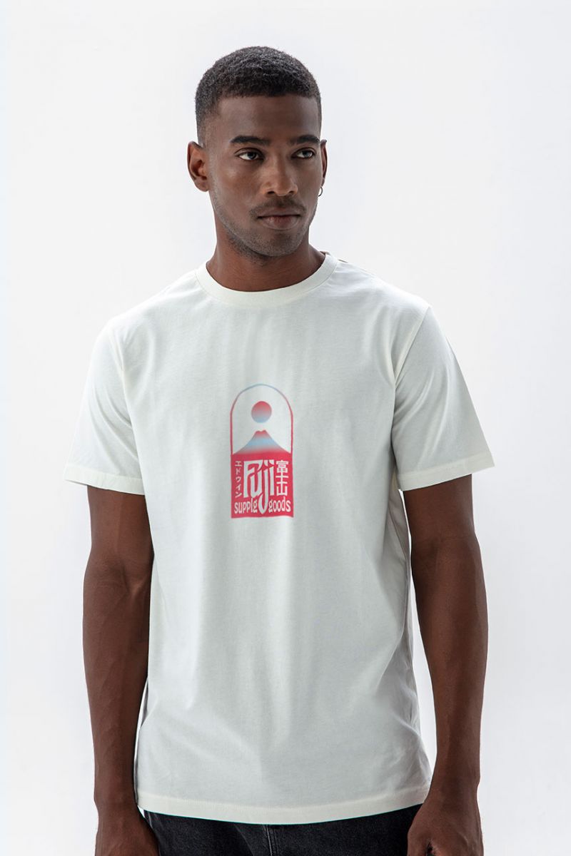 Off White Soft Fabric Fuji Design Short Sleeve Tee