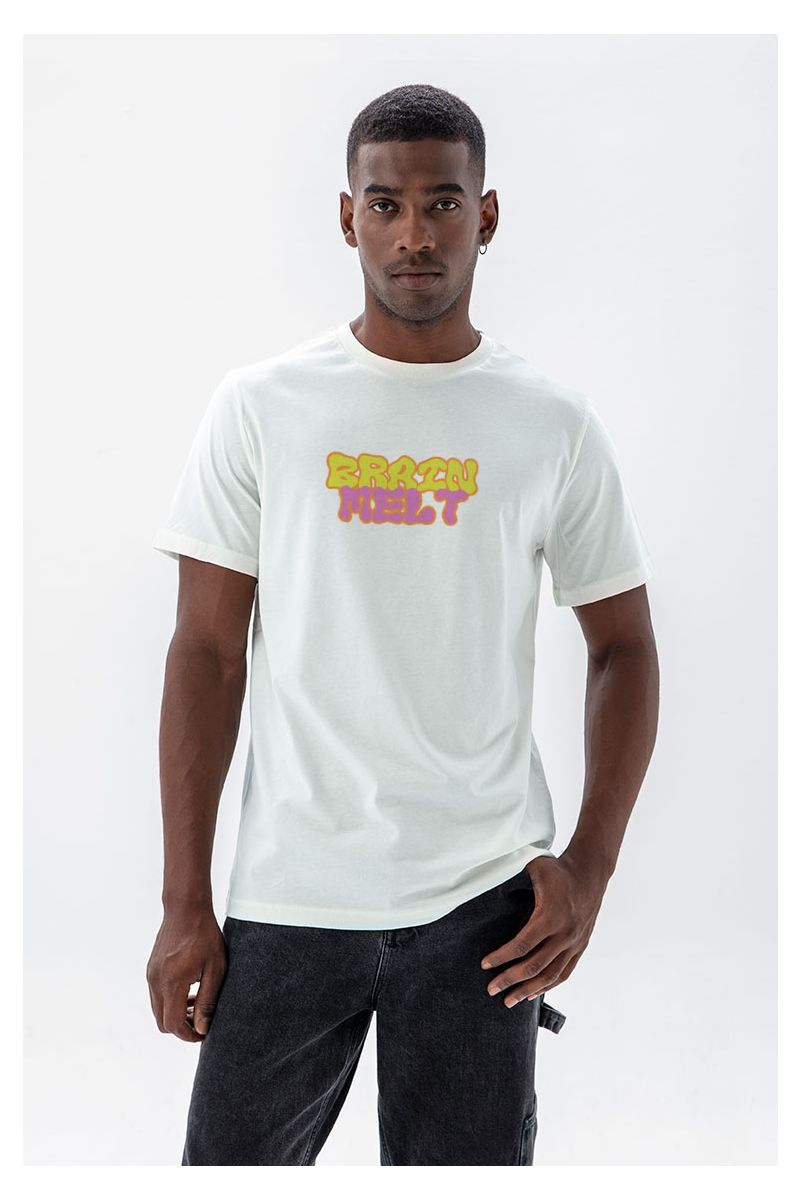 Off White Soft Fabric Braim Melt Design Short Sleeve Tee