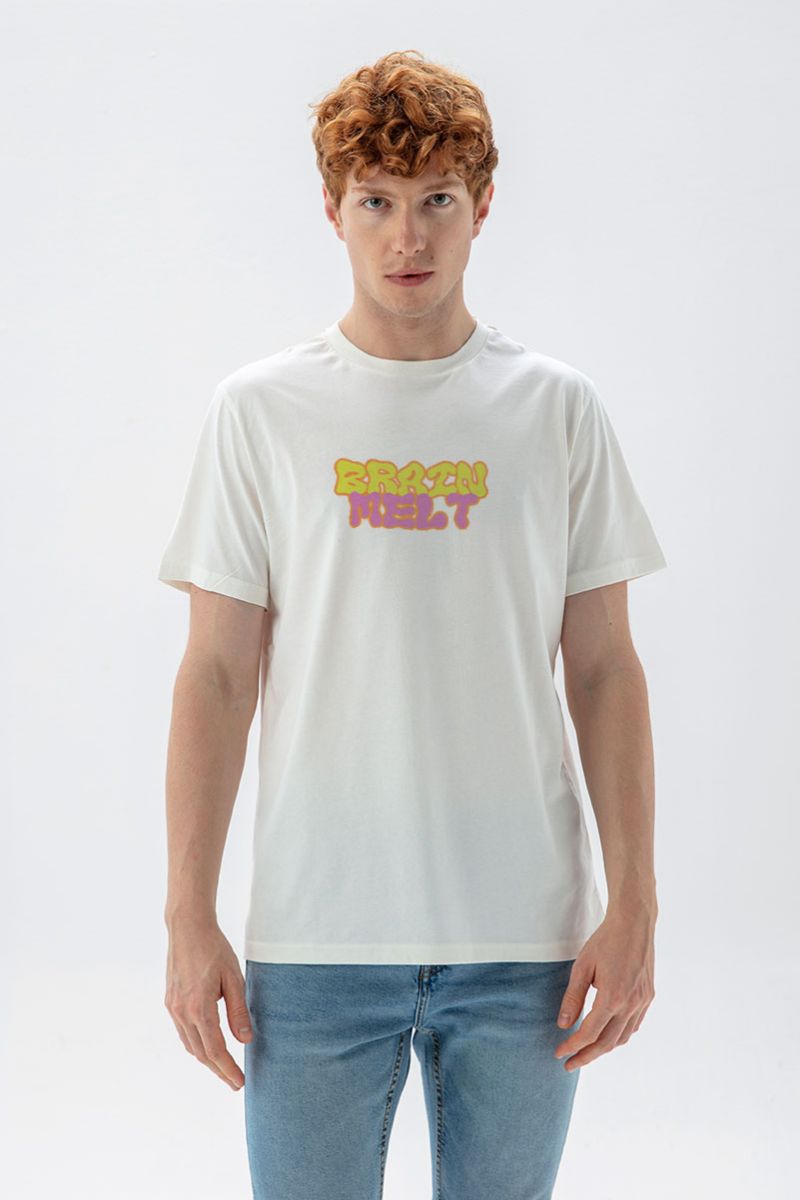 Off White Soft Fabric Braim Melt Design Short Sleeve Tee