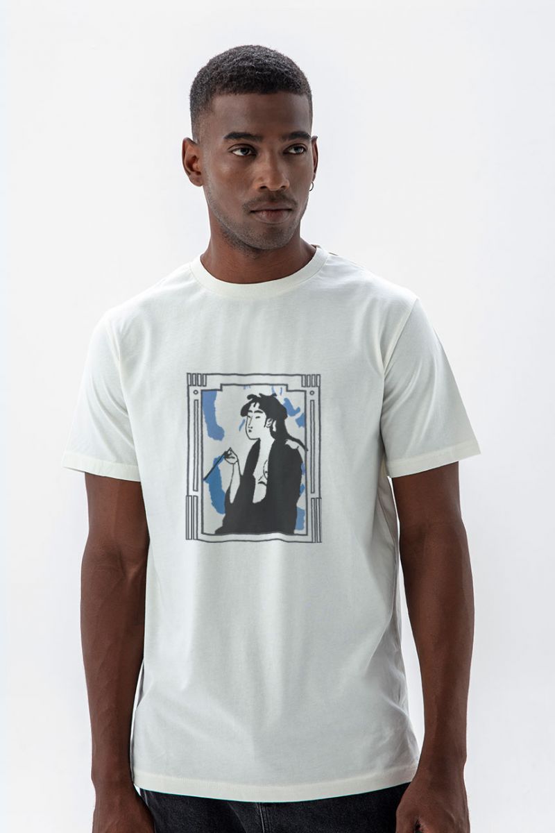 Off White Soft Fabric Edwin Supply Design Short Sleeve Tee