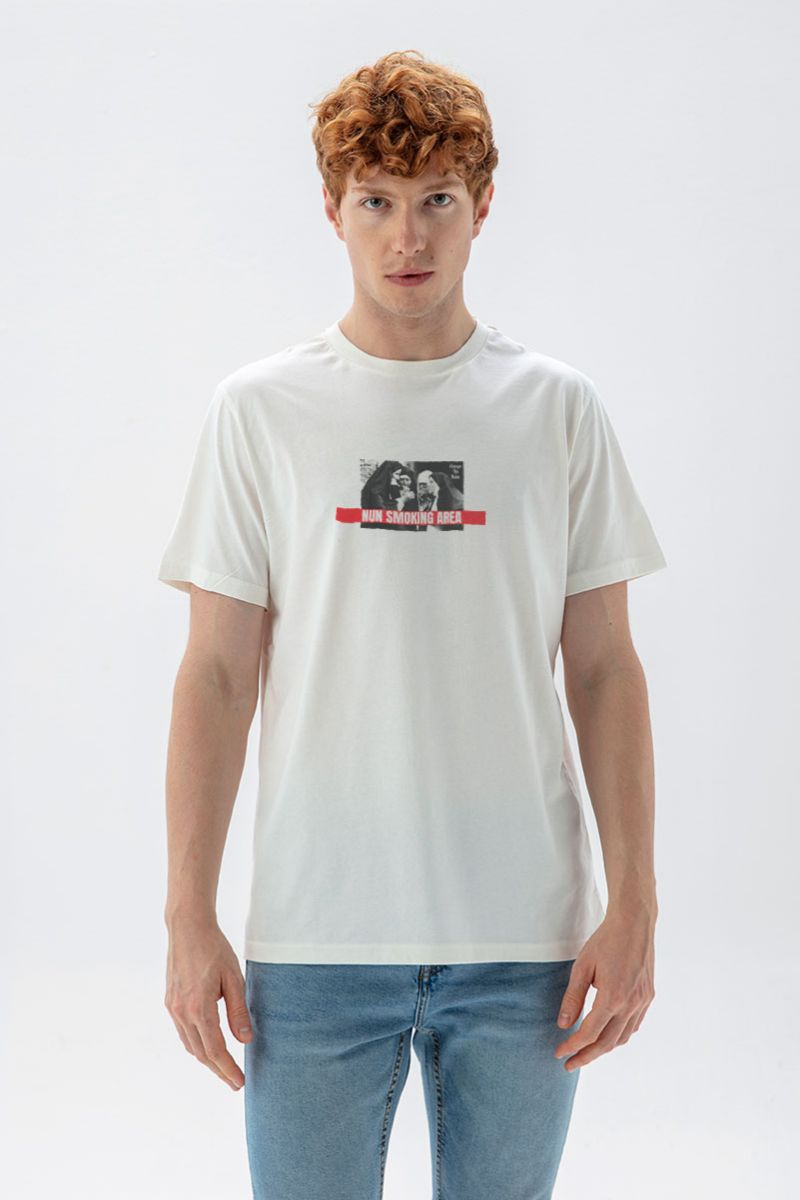 Off White Soft Fabric Nun Smoking Area Design Short Sleeve Tee
