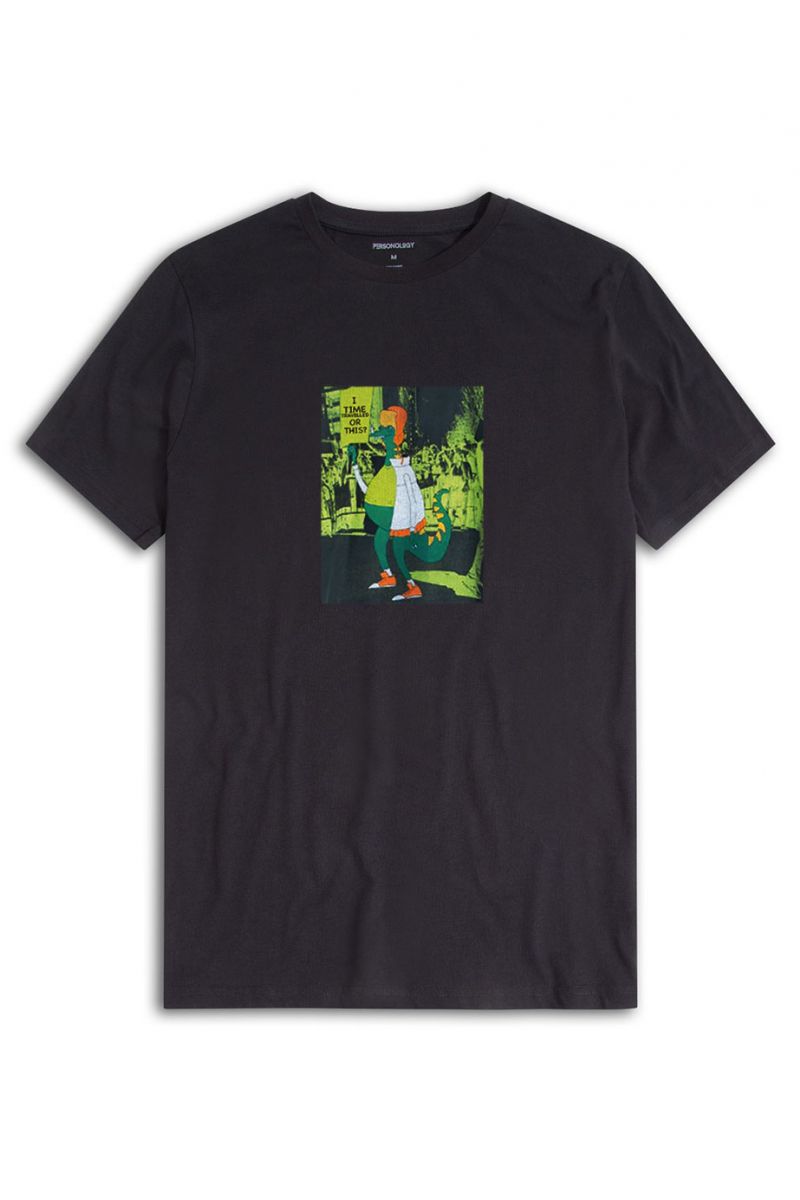 Black Soft Fabric Time Travel Design Short Sleeve Tee