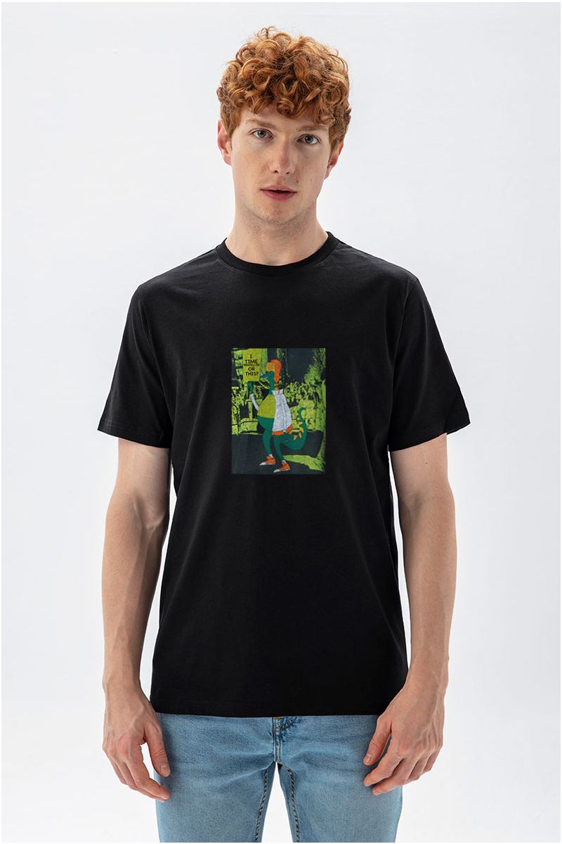 Black Soft Fabric Time Travel Design Short Sleeve Tee