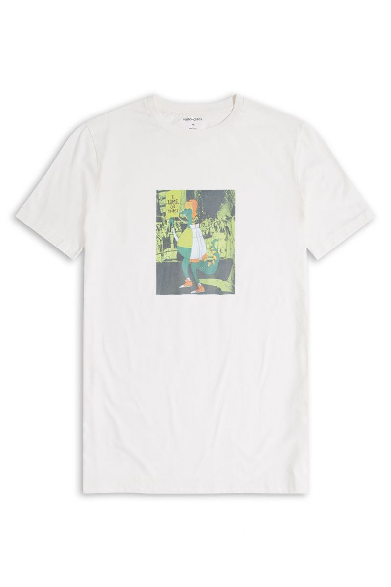 Off White Soft Fabric Time Travel Design Short Sleeve Tee