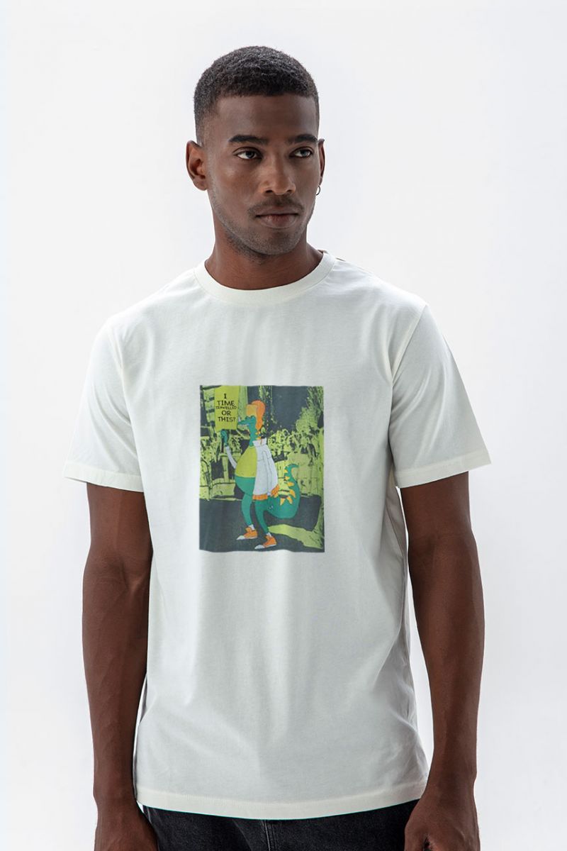 Off White Soft Fabric Time Travel Design Short Sleeve Tee