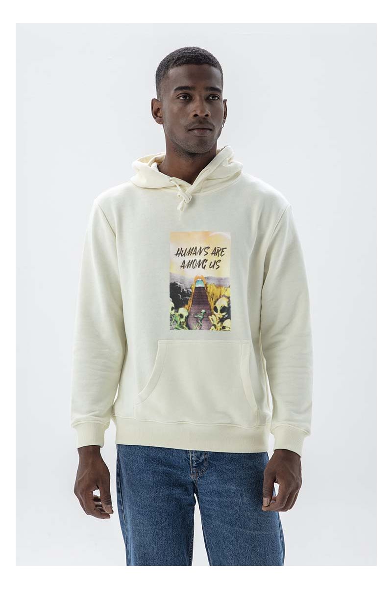 Ecru Premium Cotton Humans are Among Us Design Pullover Hoodie