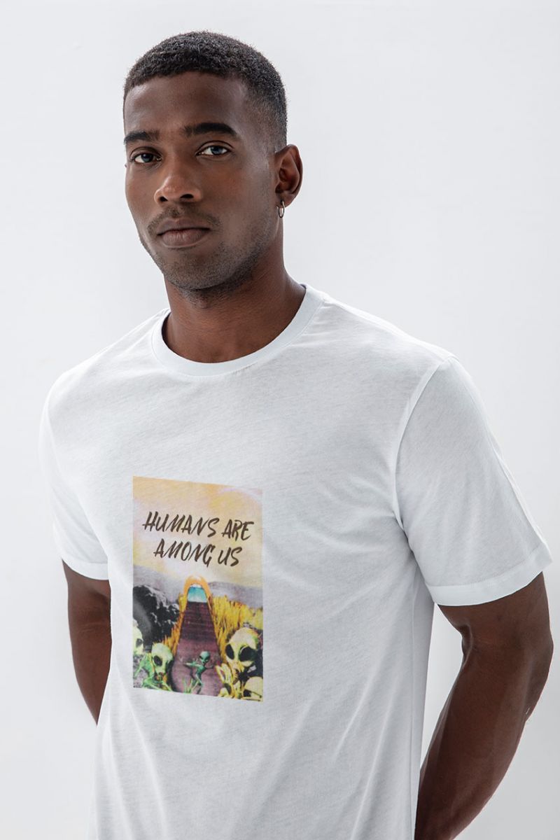 White Soft Fabric Humans are Among Us Design Short Sleeve Tee