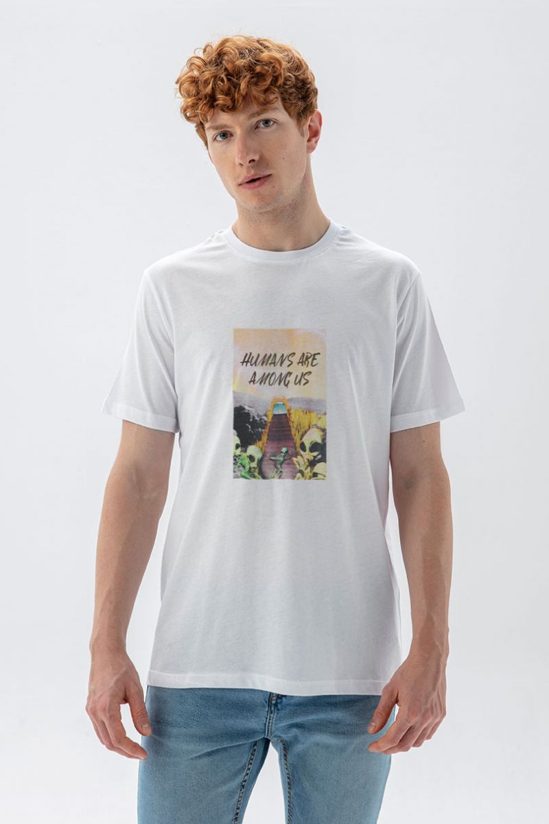 White Soft Fabric Humans are Among Us Design Short Sleeve Tee