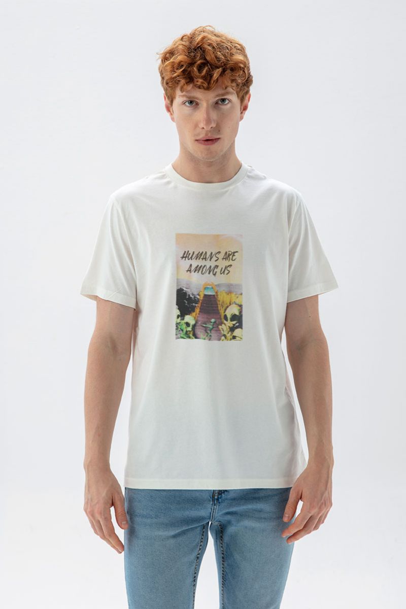 Off White Soft Fabric Humans are Among Us Design Short Sleeve Tee