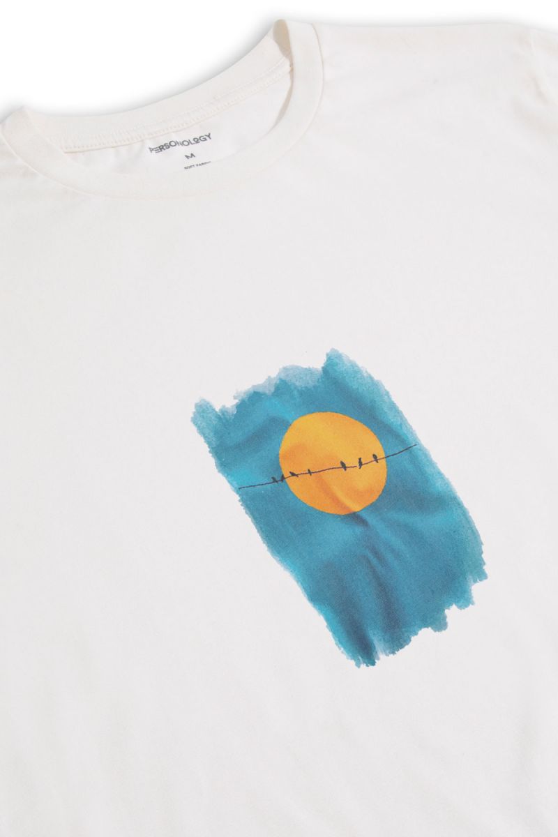 Off White Soft Fabric Birds Design Short Sleeve Tee