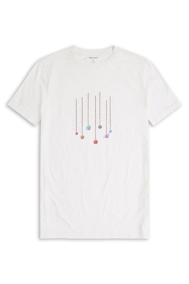 Off White Soft Fabric Galaxy Design Short Sleeve Tee