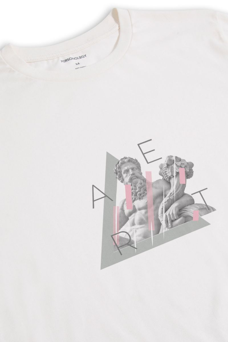 Off White Soft Fabric Ancient Art Design Short Sleeve Tee