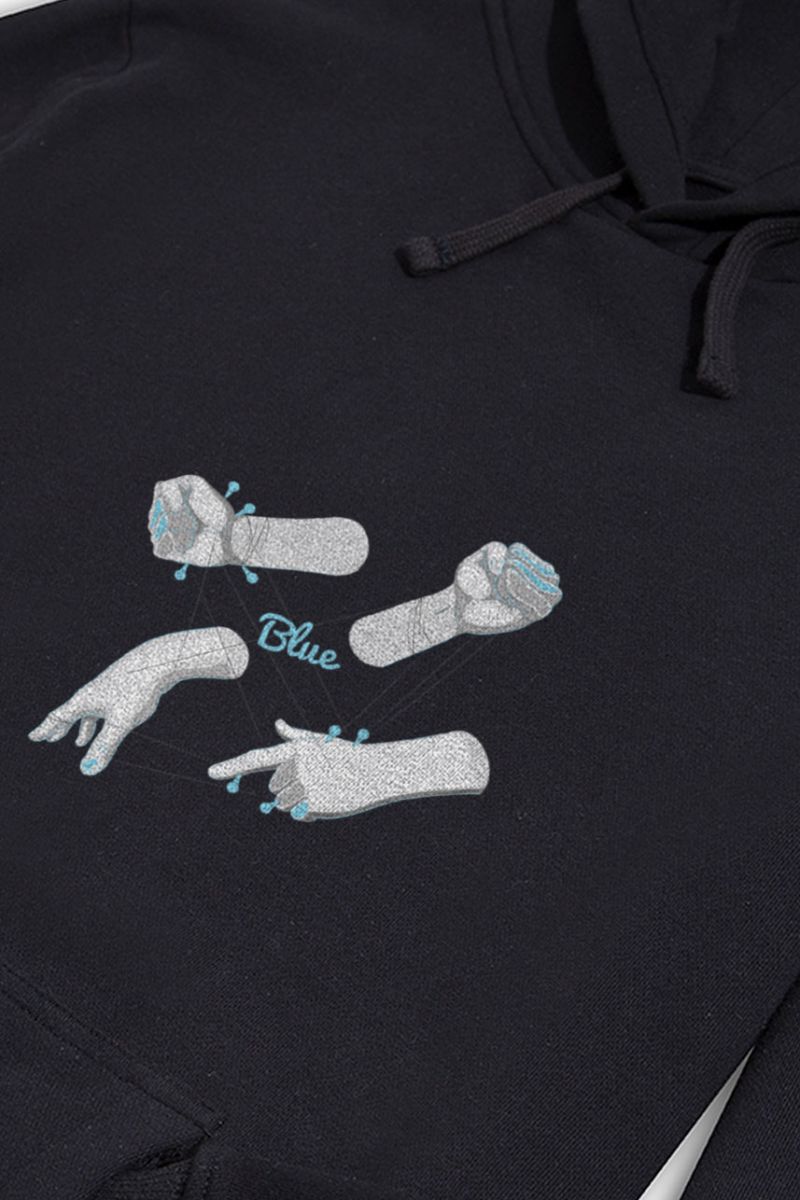 Black Premium Cotton Blue Hands Design Pullover Hoodie