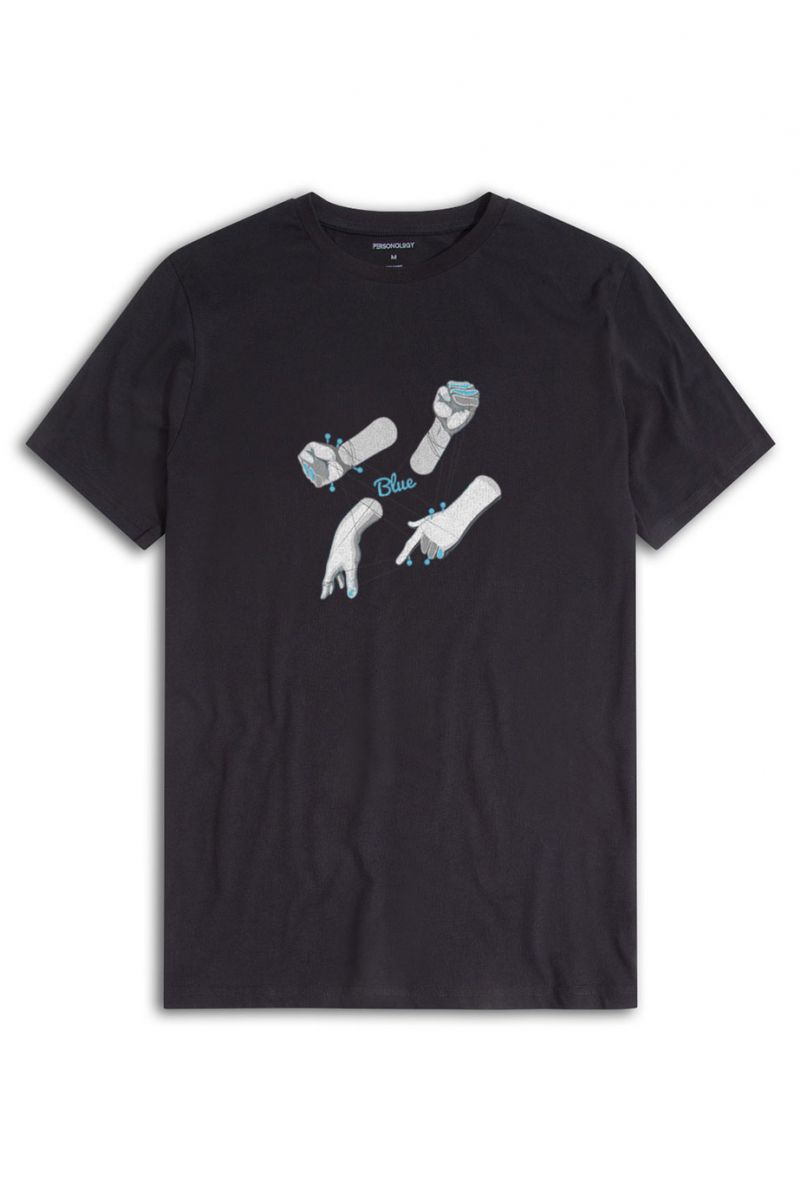 Black Soft Fabric Blue Hands Design Short Sleeve Tee