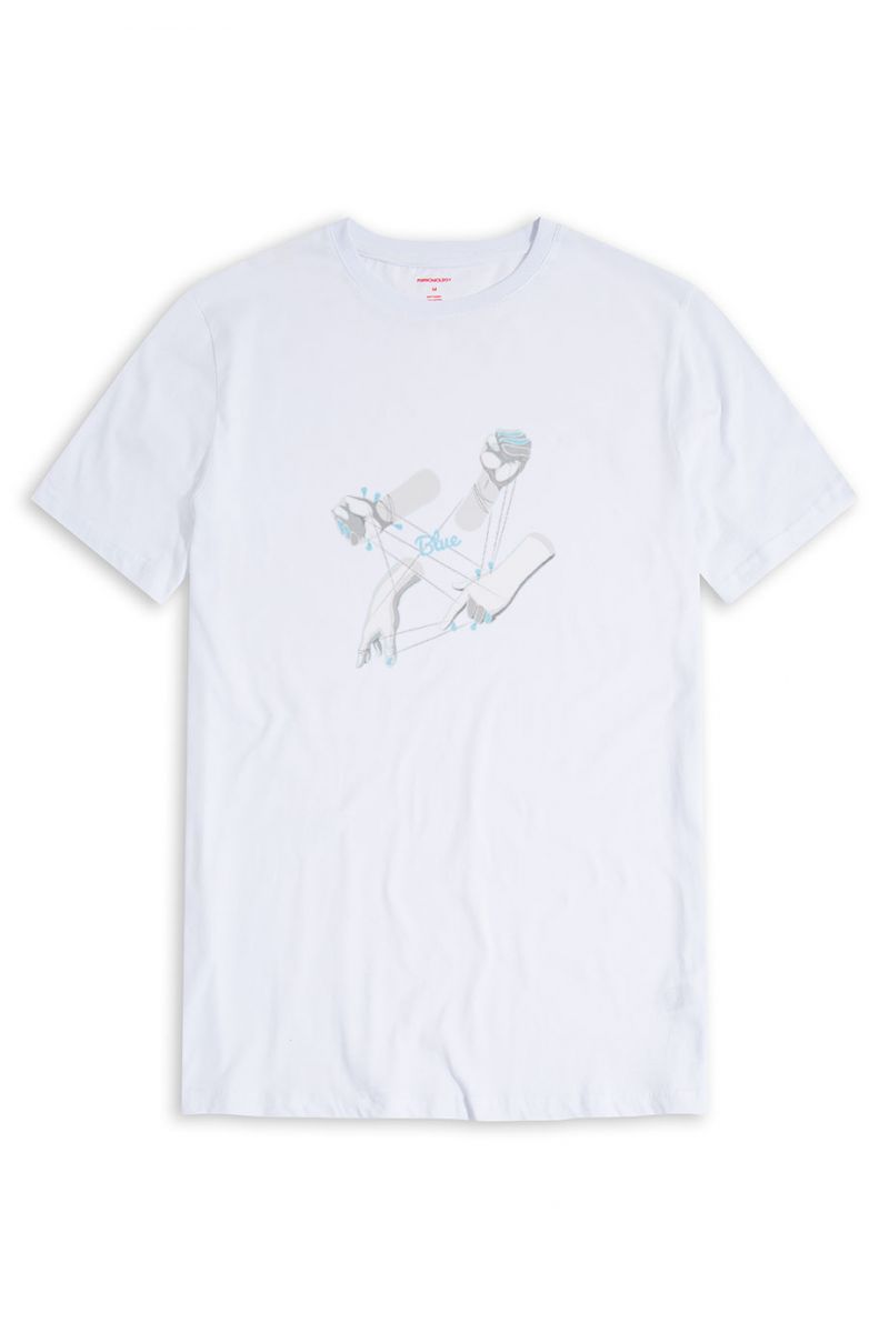 White Soft Fabric Blue Hands Design Short Sleeve Tee
