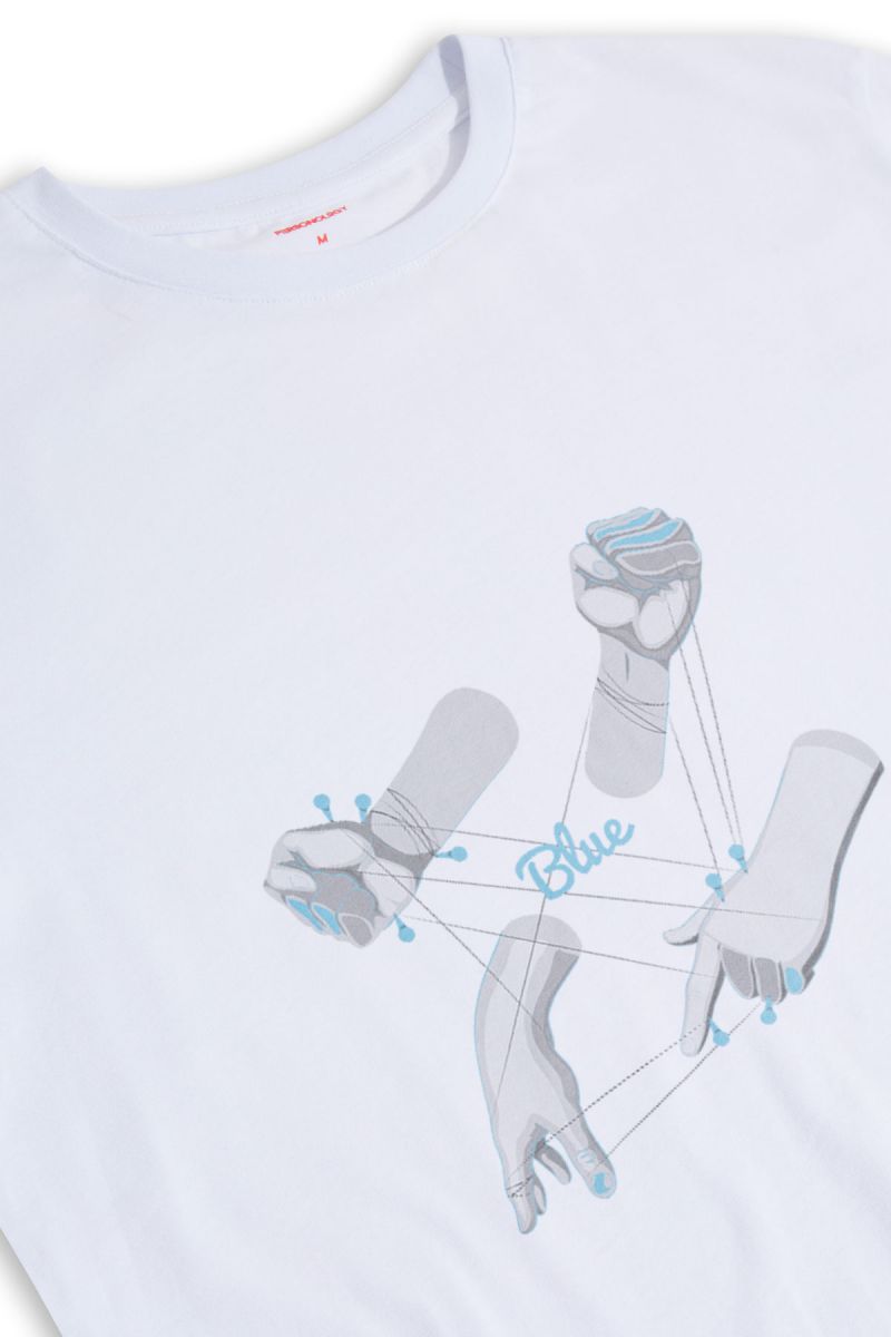 White Soft Fabric Blue Hands Design Short Sleeve Tee