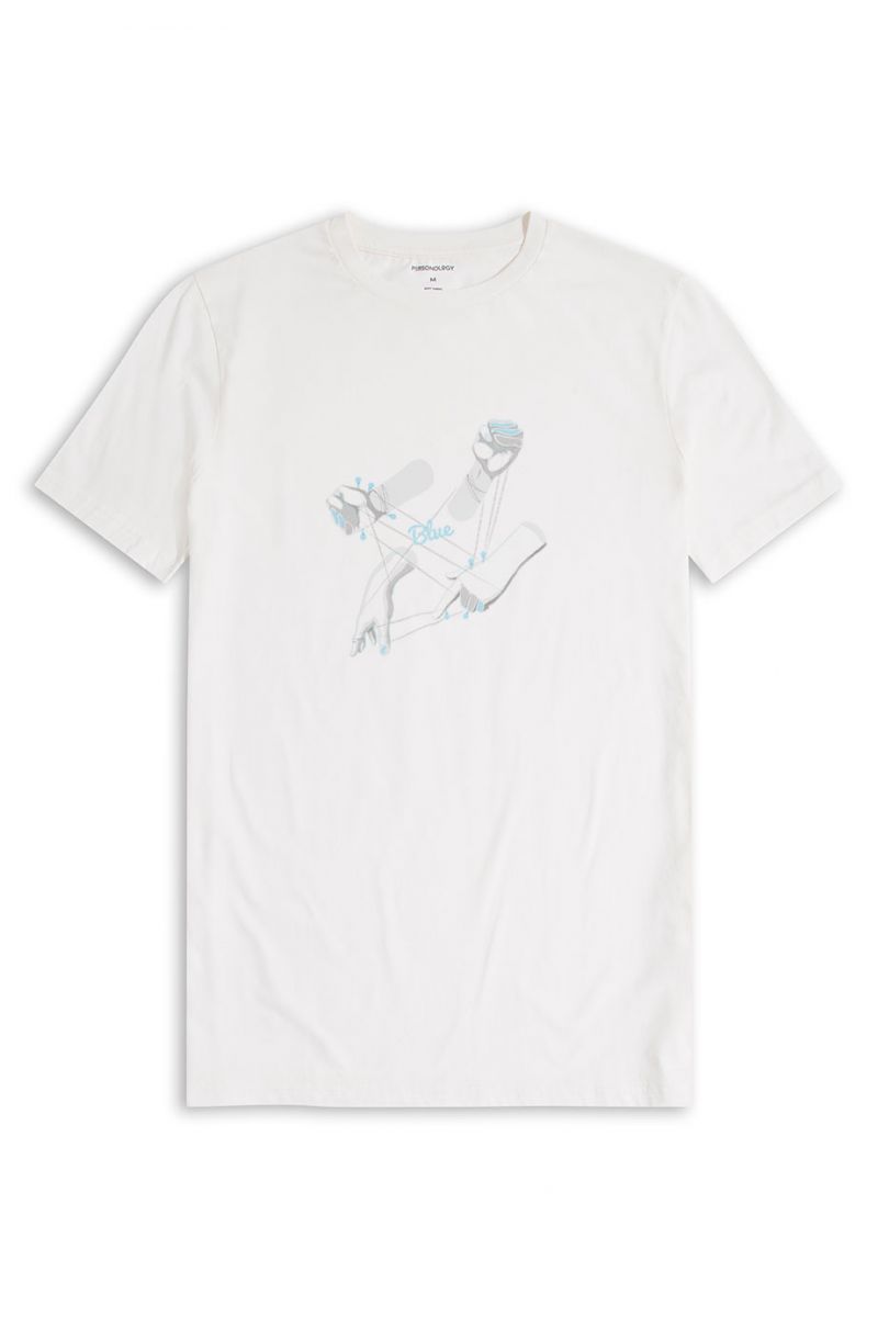 Off White Soft Fabric Blue Hands Design Short Sleeve Tee