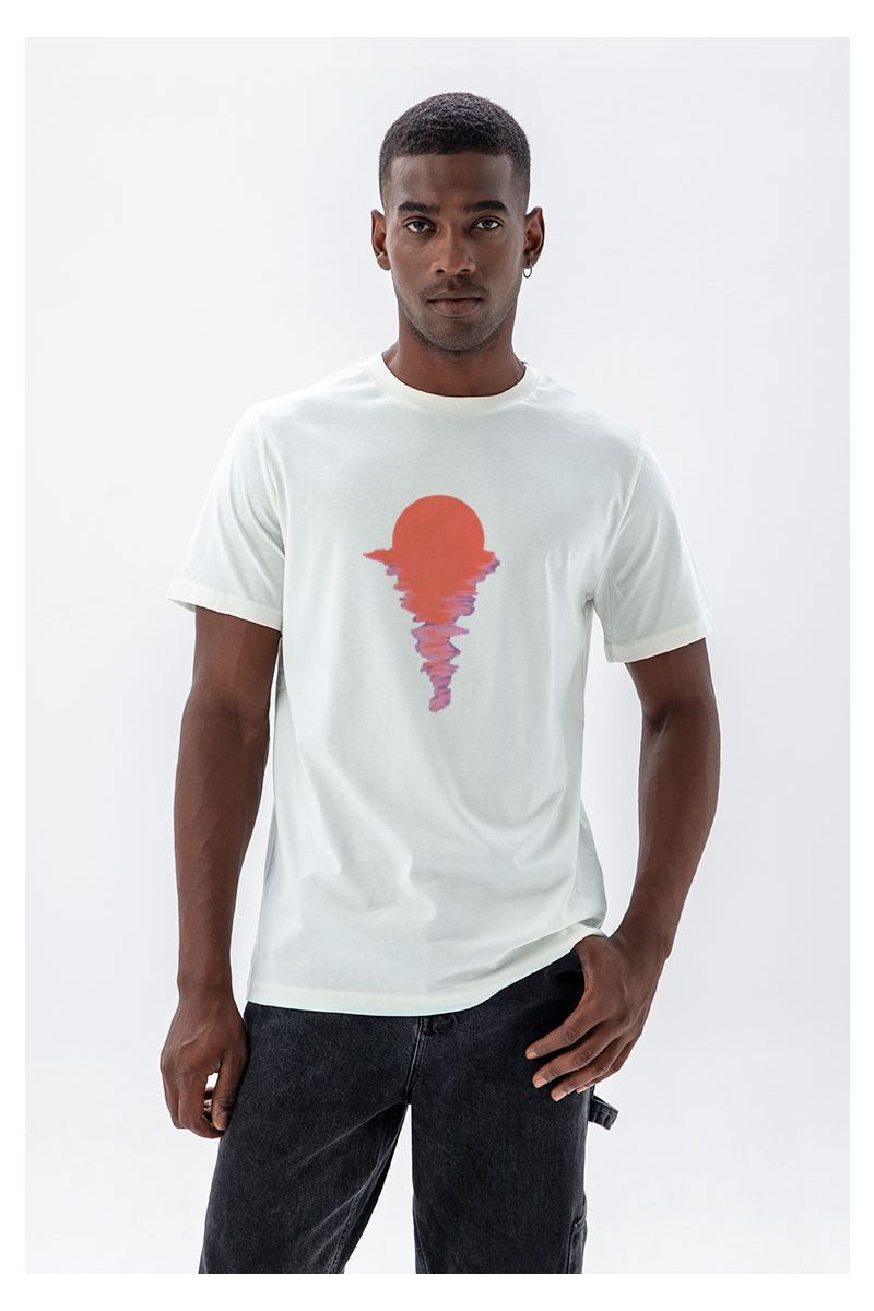 Off White Soft Fabric Sunset Design Short Sleeve Tee