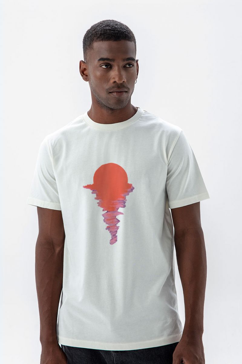 Off White Soft Fabric Sunset Design Short Sleeve Tee