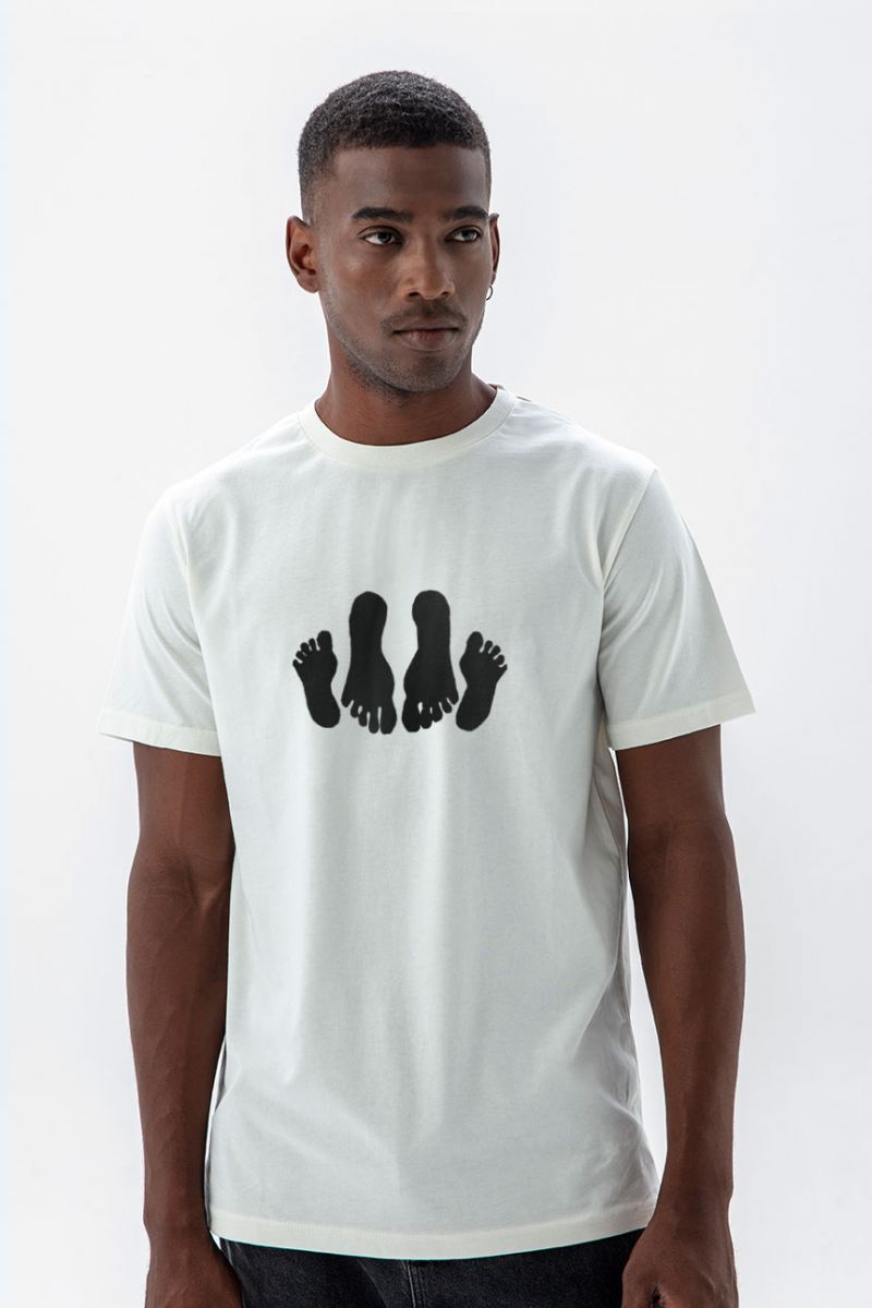Off White Soft Fabric Foots Design Short Sleeve Tee