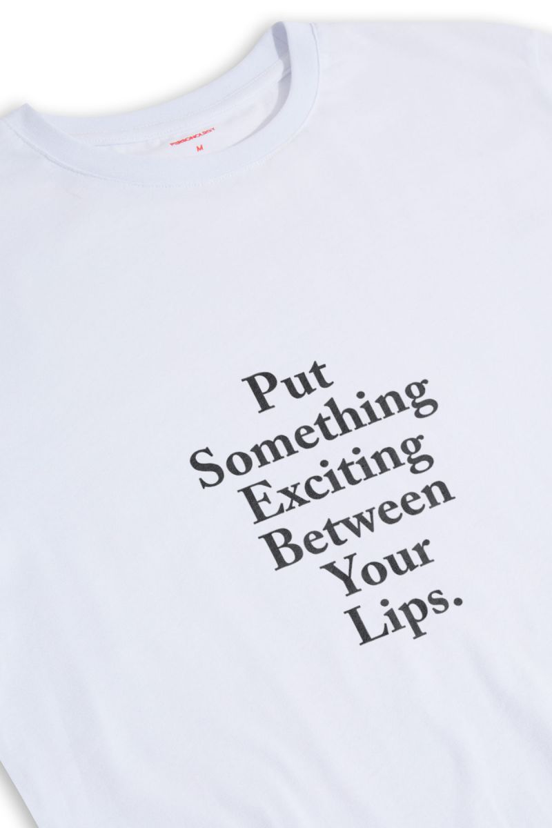 White Soft Fabric Put Something Exciting Between Your Lips Design Short Sleeve Tee