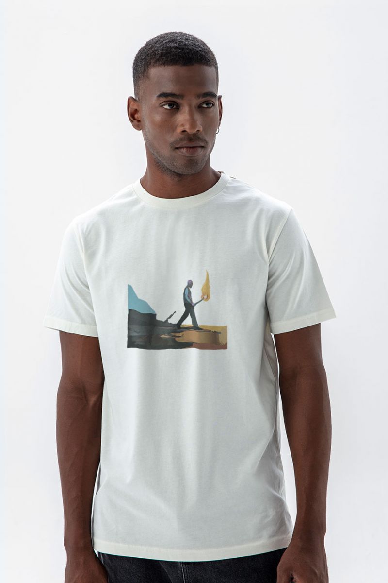 Off White Soft Fabric Torcher Design Short Sleeve Tee