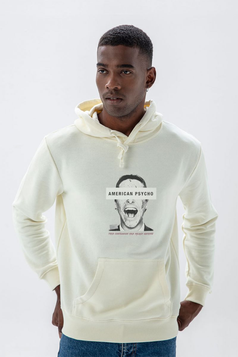 Ecru Premium Cotton American Psycho Design Pullover Hoodie