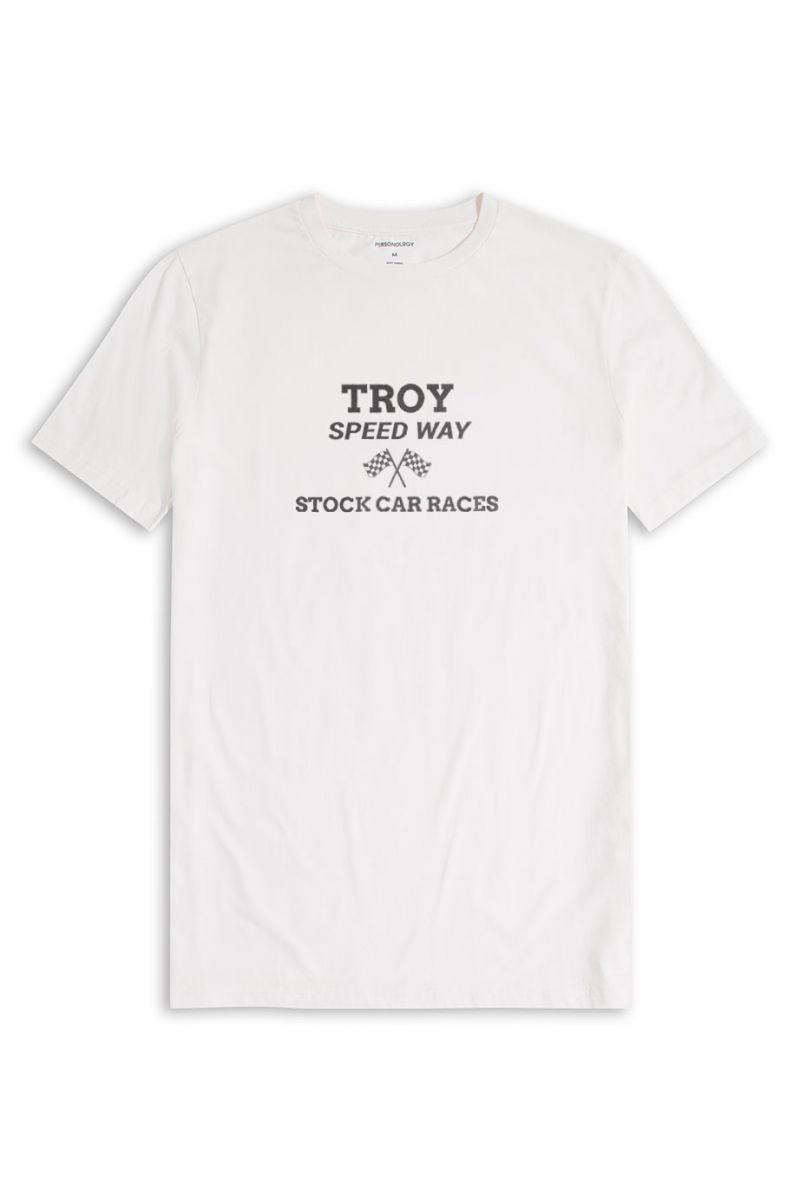Off White Soft Fabric Troy Speedway Design Short Sleeve Tee