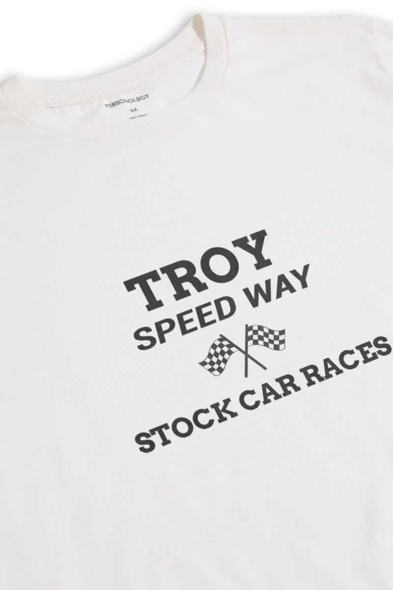 Off White Soft Fabric Troy Speedway Design Short Sleeve Tee