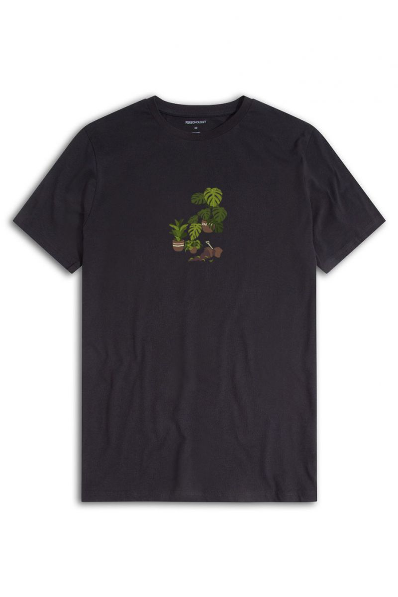 Black Soft Fabric Flora Design Short Sleeve Tee