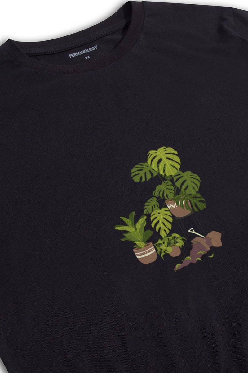 Black Soft Fabric Flora Design Short Sleeve Tee