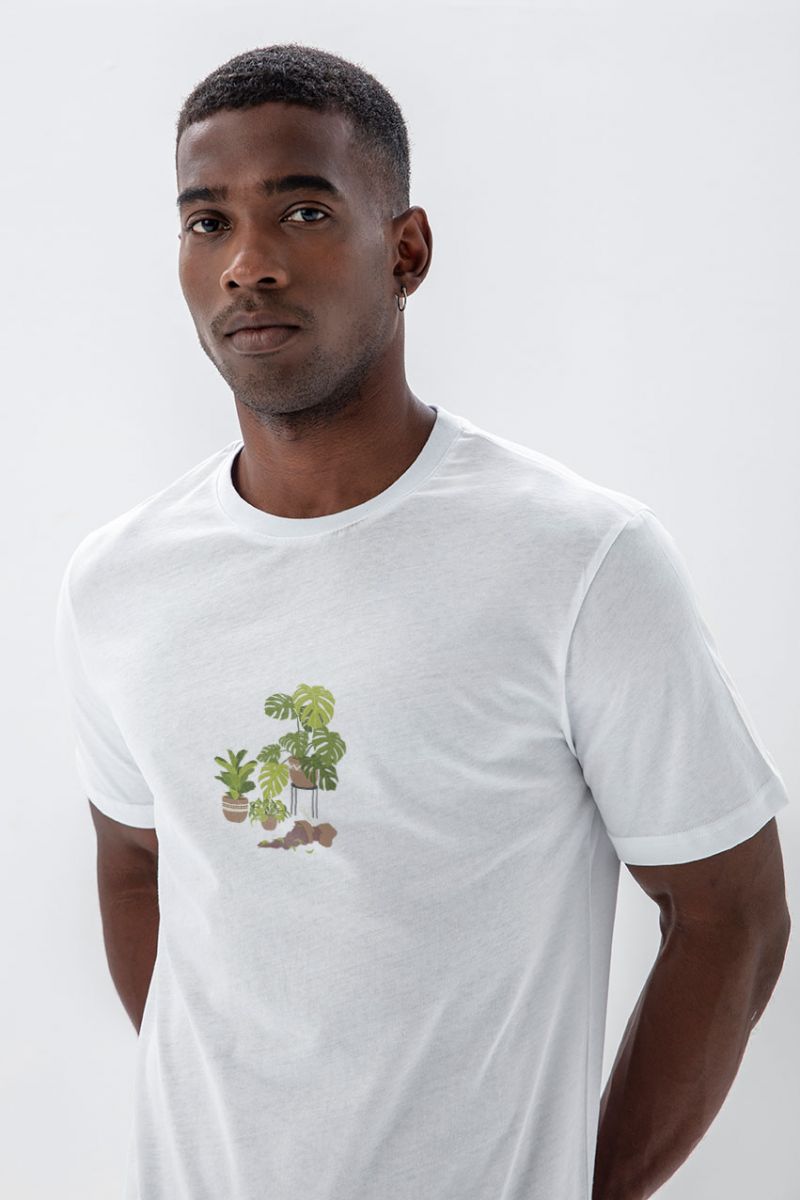 White Soft Fabric Flora Design Short Sleeve Tee