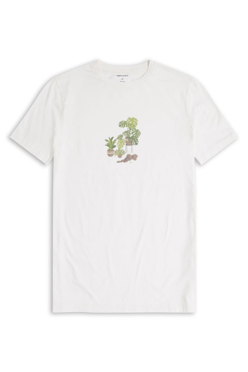 Off White Soft Fabric Flora Design Short Sleeve Tee