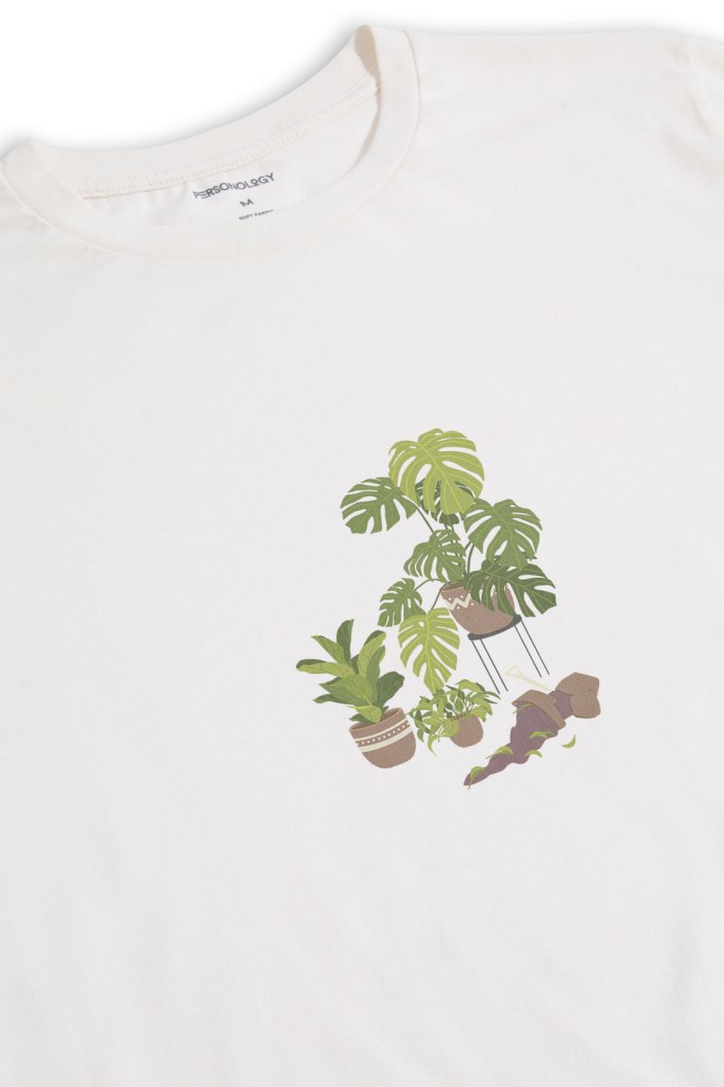 Off White Soft Fabric Flora Design Short Sleeve Tee
