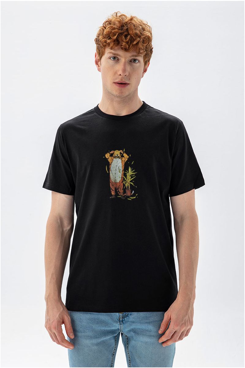 Black Soft Fabric Flora Design Short Sleeve Tee