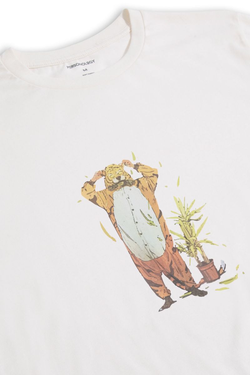 Off White Soft Fabric Flora Design Short Sleeve Tee