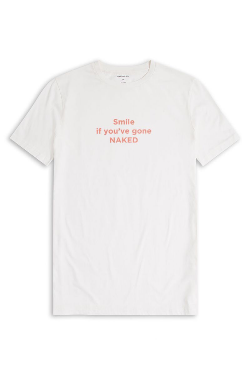 Off White Soft Fabric Smile If You Have gone naked Design Short Sleeve Tee