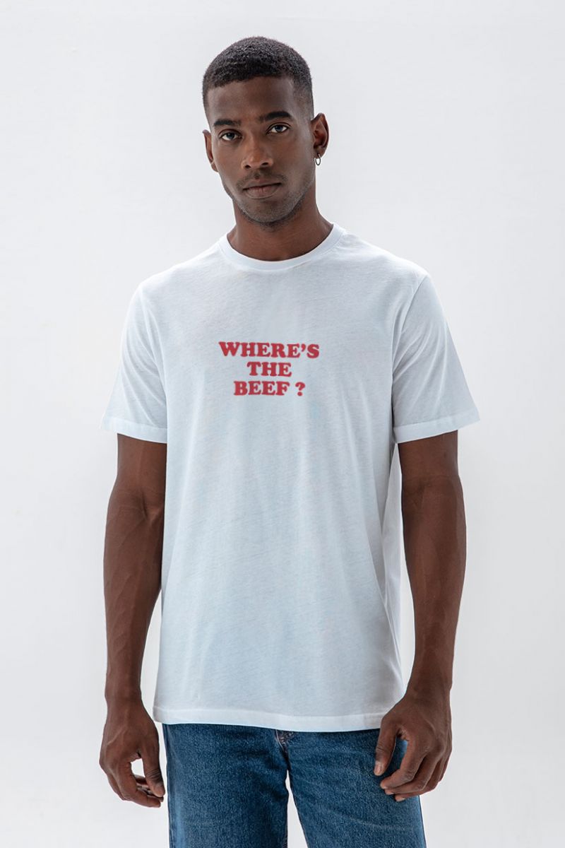 White Soft Fabric Where's the beef ? Design Short Sleeve Tee
