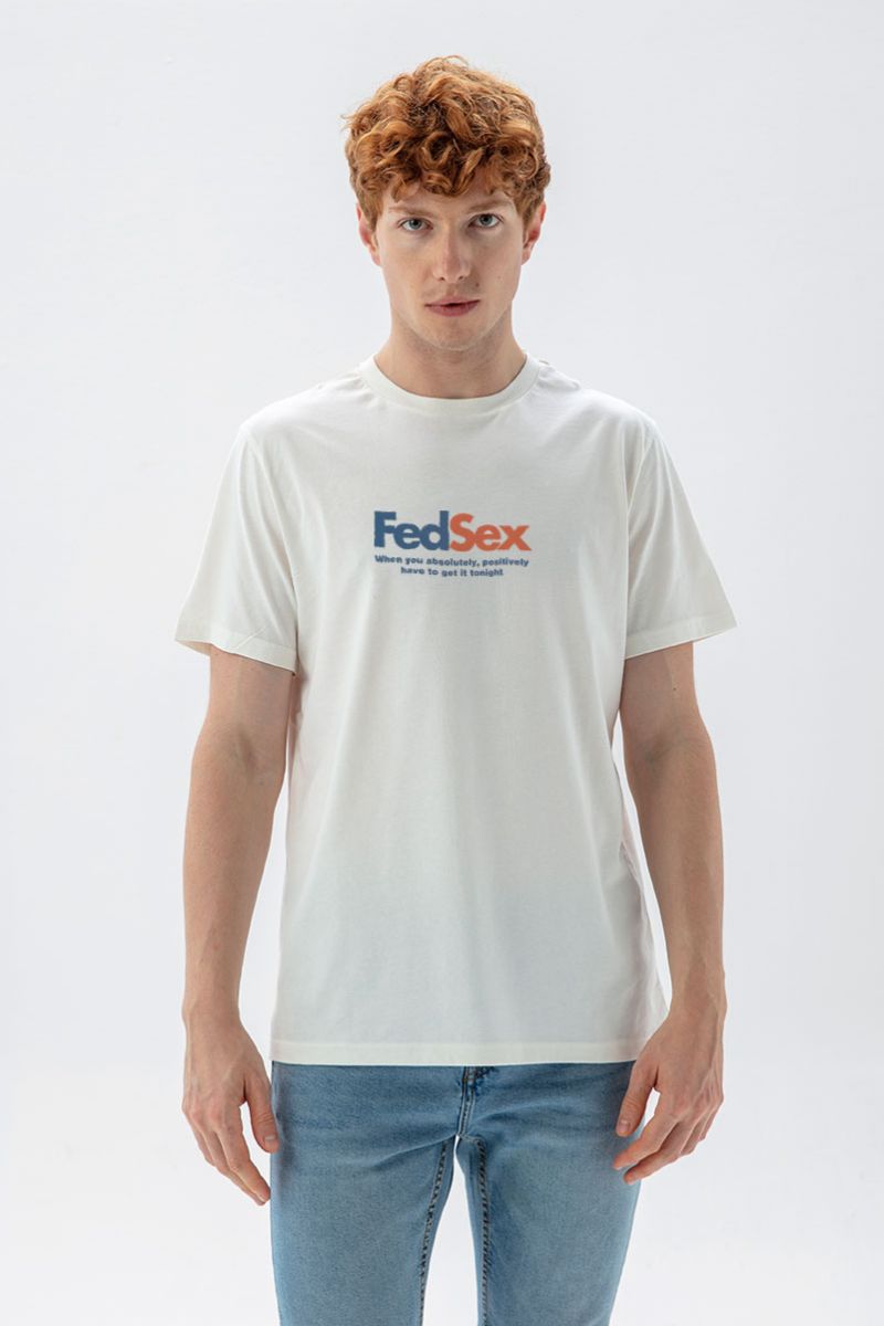 Off White Soft Fabric FedSex Design Short Sleeve Tee