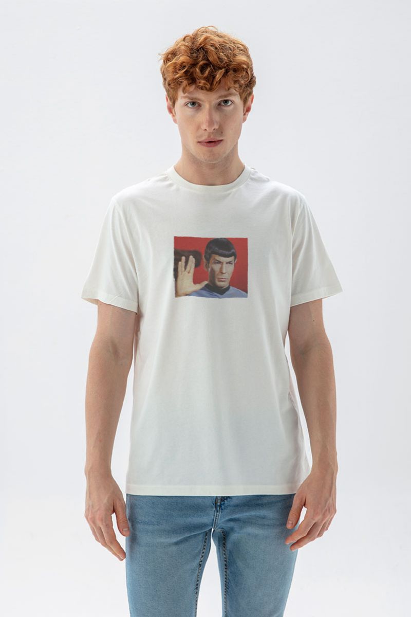 Off White Soft Fabric Mr. Spock Design Short Sleeve Tee