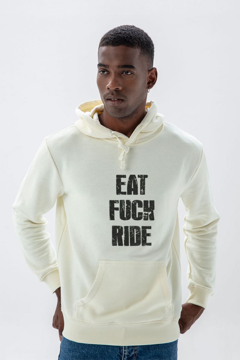 Ecru Premium Cotton eat f**k ride Design Pullover Hoodie