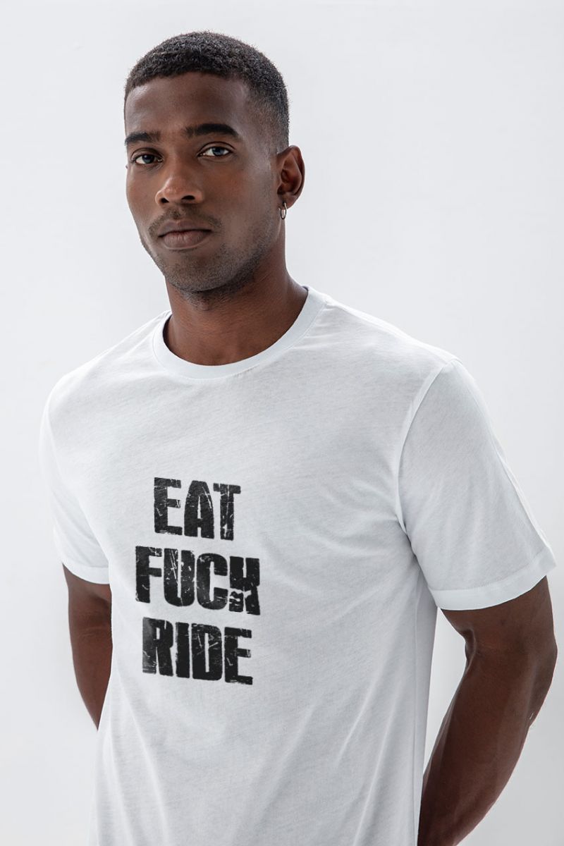 White Soft Fabric eat f**k ride Design Short Sleeve Tee