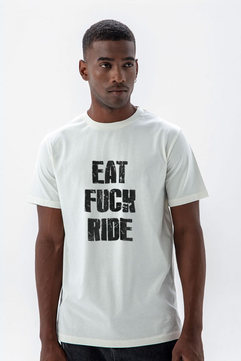 Off White Soft Fabric eat f**k ride Design Short Sleeve Tee