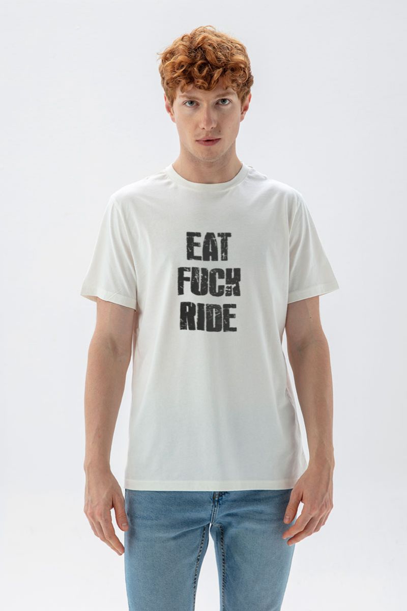 Off White Soft Fabric eat f**k ride Design Short Sleeve Tee