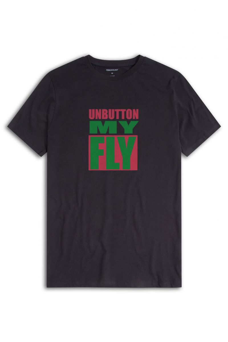 Black Soft Fabric Unbutton my fly Design Short Sleeve Tee