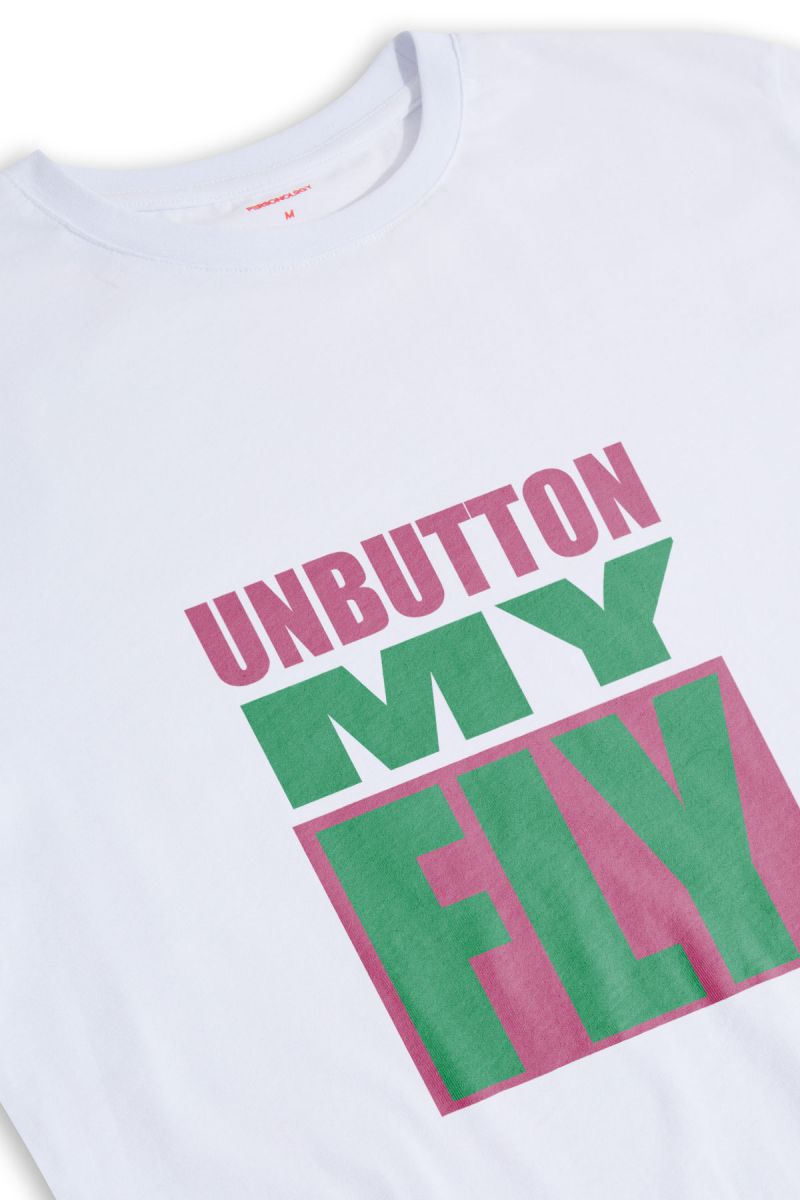 White Soft Fabric Unbutton my fly Design Short Sleeve Tee